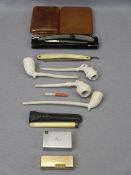 GENTLEMAN'S COLLECTABLES, A MIXED GROUP - four clay pipes, silver banded ivory cheroot holder with