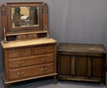 VINTAGE OAK MIRRORED DRESSING CHEST & NON-MATCHING LIDDED BLANKET BOX - the chest with carved detail