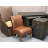 MODERN BLACK OFFICE FURNITURE, 3 ITEMS and two rexine style covered chairs to include a