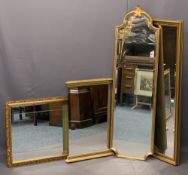 REPRODUCTION GILT FRAMED MIRRORS (4) - a tall shaped top example, 135 x 39cms, slim example, 124 x