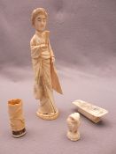 JAPANESE & OTHER IVORY & BONE OKIMONO, FOUR ITEMS - a standing sectional figurine of a Geisha girl