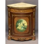 REPRODUCTION KINGWOOD STYLE MARBLE TOPPED CORNER CABINET - gilt metal embellishments and central