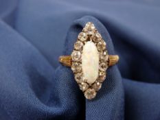 OPAL & DIAMOND SET MARQUISE SHAPE RING - untested but believed 15ct gold, late 19th/early 20th