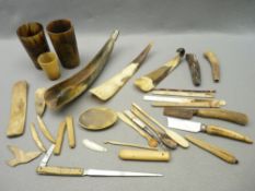 ANTIQUE HORN BEAKERS, SNUFF BOX & OTHER IMPLEMENTS, bone spoons and a mixed quantity of horn and