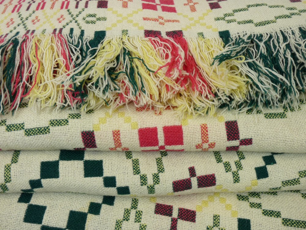 TRADITIONAL WELSH WOOLLEN BLANKET - in colourful yellow, green and red tones, reversible pattern