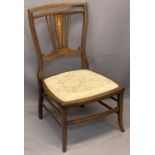 EDWARDIAN INLAID MAHOGANY NURSING CHAIR - with upholstered seat, 74cms H, 43cms W, 40cms seat D