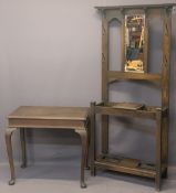 OAK MIRRORED HALL STAND & A RECTANGULAR TOP HALL TABLE - 182cms H, 87cms W, 31cms D and 72.5cms H,
