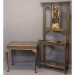 OAK MIRRORED HALL STAND & A RECTANGULAR TOP HALL TABLE - 182cms H, 87cms W, 31cms D and 72.5cms H,