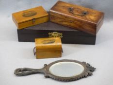 MAUCHLINE WARE & OTHER VINTAGE BOXES with a carved wooden hand mirror, the Mauchline ware includes a