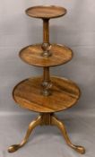 19TH CENTURY DUMB WAITER - mahogany circular three tier on tripod supports and pad feet, 1m x 54cms