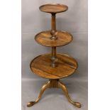 19TH CENTURY DUMB WAITER - mahogany circular three tier on tripod supports and pad feet, 1m x 54cms