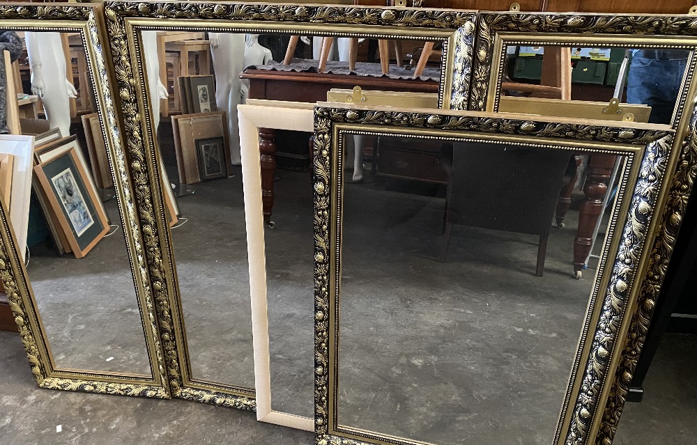 LARGE GILT FRAMED QUARTET OF HALL MIRRORS, 70 x 102cms and a pair of gilt framed narrow mirrors,