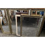 LARGE GILT FRAMED QUARTET OF HALL MIRRORS, 70 x 102cms and a pair of gilt framed narrow mirrors,
