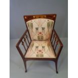 ARTS & CRAFTS MAHOGANY ELBOW CHAIR, mother of pearl inlaid uprights with Mackintosh style