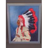 J E HEWITT oil on board - portrait of a Native American Indian with head-dress, signed right hand