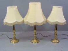 ORNATE TABLES LAMPS - five, three matching brass effect, 67cms H (with shades) and a pair of similar