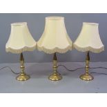 ORNATE TABLES LAMPS - five, three matching brass effect, 67cms H (with shades) and a pair of similar