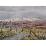 FAWKES 1966 watercolour - country lane and gate with snowcapped hills to the background, signed