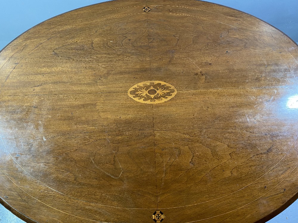 OVAL DINING TABLE - Edwardian mahogany with line and diamond multi-wood inlay band, on four turned - Image 4 of 4