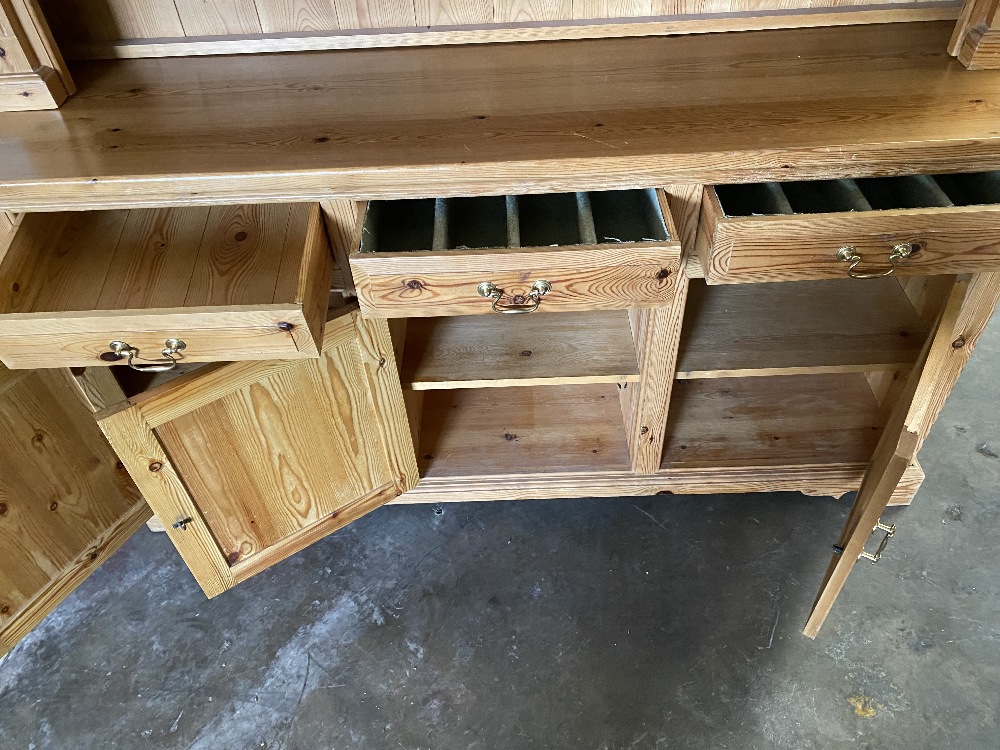 PINE DRESSER with a three shelf rack to the upper section and the base having three drawers over - Image 4 of 7