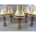 ORNATE TABLE LAMPS - six similar brass effect antique style, 64cms H (to the light bulb holder)