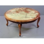 COFFEE TABLE - circular onyx topped, reproduction on shaped supports, 44cms H, 92cms diameter