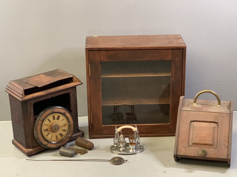 VINTAGE WALL CLOCK with pendulum and weights, single glazed door shelved cupboard, hinged front