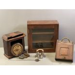 VINTAGE WALL CLOCK with pendulum and weights, single glazed door shelved cupboard, hinged front