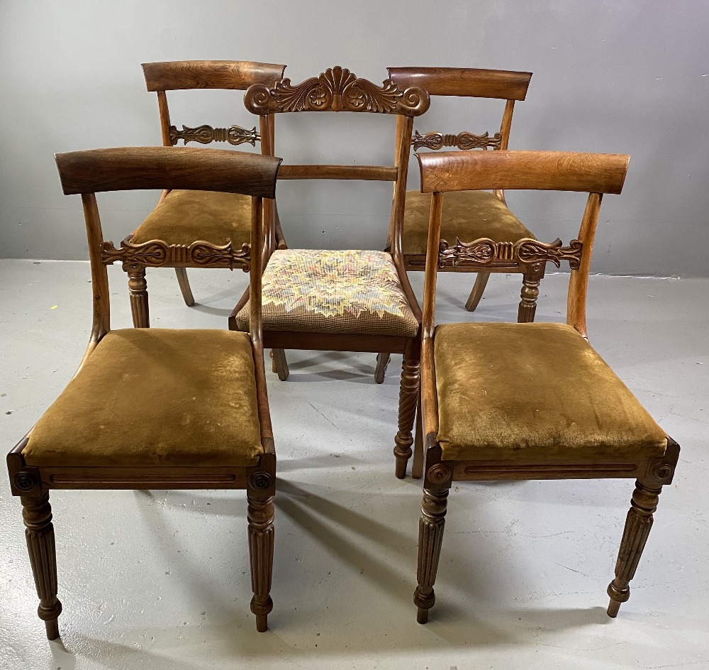 DINING CHAIRS - set of four Victorian mahogany with sabre backs and a dining chair with tapestry