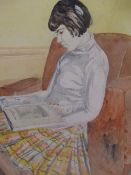 EVELYN G BRIERLEY mixed media - young girl reading, signed top right, 46.5 x 36.5cms