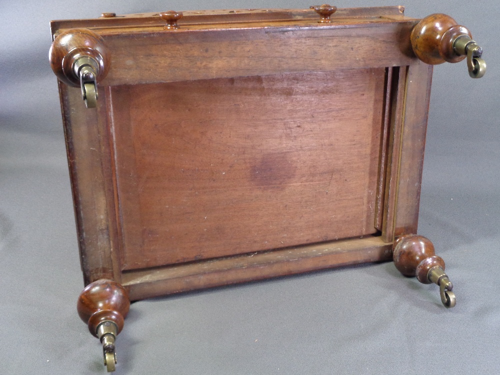 VICTORIAN CANTERBURY in walnut, three divisional fretwork sections with base drawer, on turned - Image 7 of 8