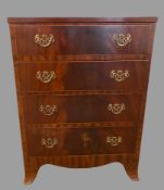 CHEST OF DRAWERS - reproduction narrow with four drawers on splayed feet with brass handles, 76cms