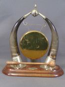 EDWARDIAN DINNER GONG - horn, EPNS and brass on a wooden plinth with beater, 44cms H, 39cms W, 18cms