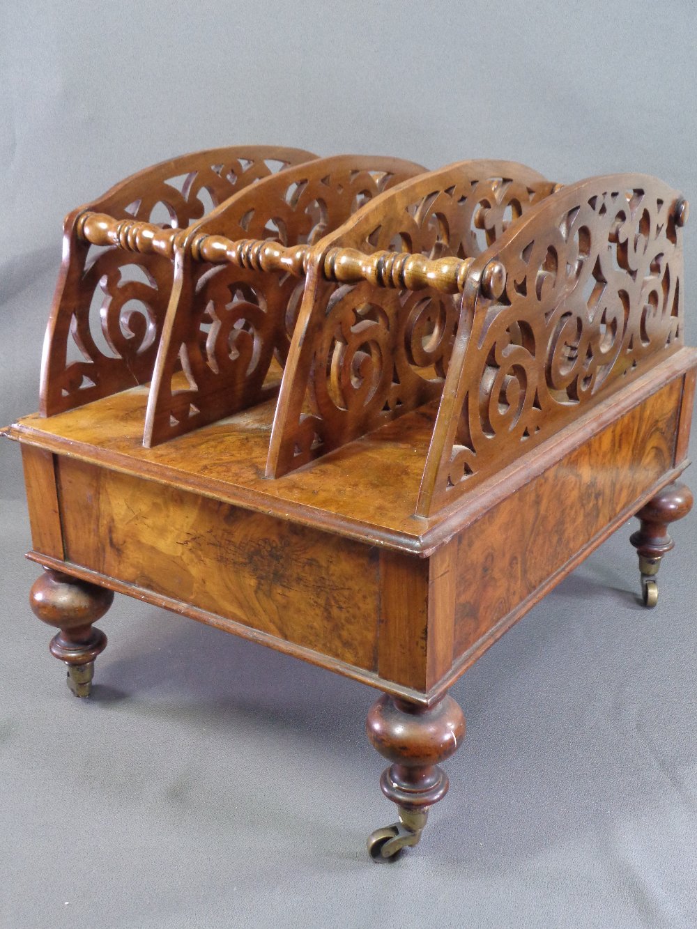 VICTORIAN CANTERBURY in walnut, three divisional fretwork sections with base drawer, on turned - Image 5 of 8