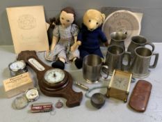 CARVED BALLOON BAROMETER, pewter tankards, assortment of clocks and eclectic items and