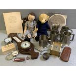 CARVED BALLOON BAROMETER, pewter tankards, assortment of clocks and eclectic items and