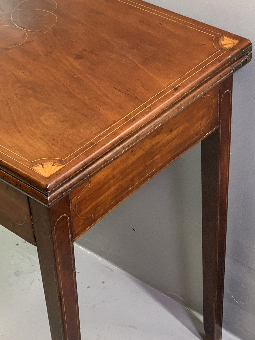 FOLDOVER CARD TABLE - circa 1830, mahogany with Sheraton style fan inlays and boxwood stringing, - Image 3 of 5