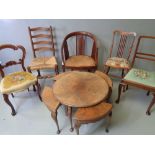 FURNITURE ASSORTMENT - five assorted antique chairs and a burr walnut circular nest of tables, 68cms