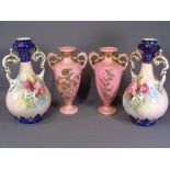 STAFFORDSHIRE VASES, two pairs of floral decorated, 34 & 39cms H