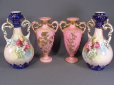 STAFFORDSHIRE VASES, two pairs of floral decorated, 34 & 39cms H