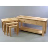 MODERN LIGHT WOOD TABLES - set of three and a similar short console table with two drawers and lower