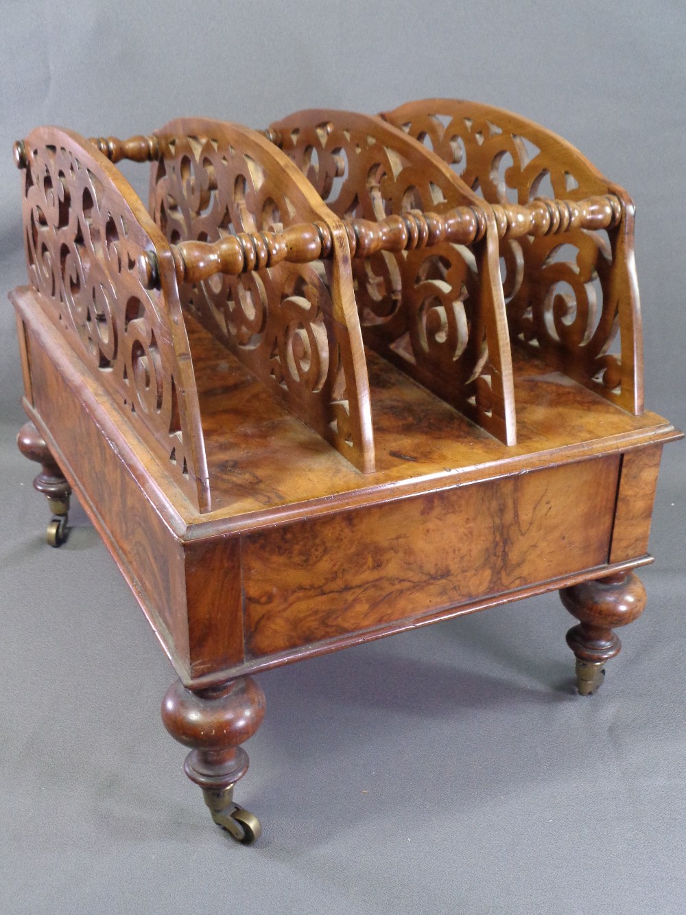 VICTORIAN CANTERBURY in walnut, three divisional fretwork sections with base drawer, on turned - Image 6 of 8