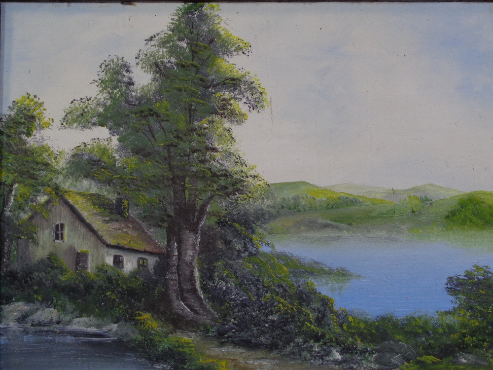 OIL ON BOARD - whitewashed cottage by a lakeside, unsigned, 29 x 39cms and an assortment of other