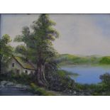 OIL ON BOARD - whitewashed cottage by a lakeside, unsigned, 29 x 39cms and an assortment of other