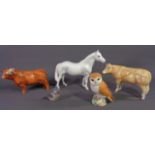 BESWICK DAPPLED GREY HORSE, Beswick barn owl, unmarked cow and bull figure ornaments and a