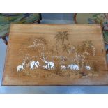 LONG JOHN COFFEE TABLE with inlaid top depicting elephants and palm trees, 39cms H, 76cms W, 50cms D