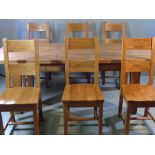 MODERN DINING TABLE & SIX CHAIRS - excellent chunky oak extending (leaf within) example, 79cms H,