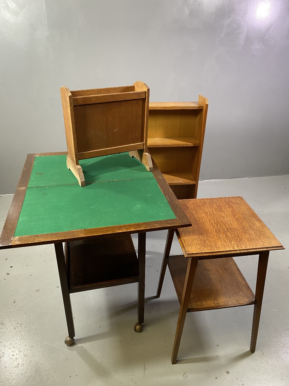 POLISHED OBLONG TROLLEY - two shelf with foldover baize top with a quantity of playing cards etc - Image 2 of 3