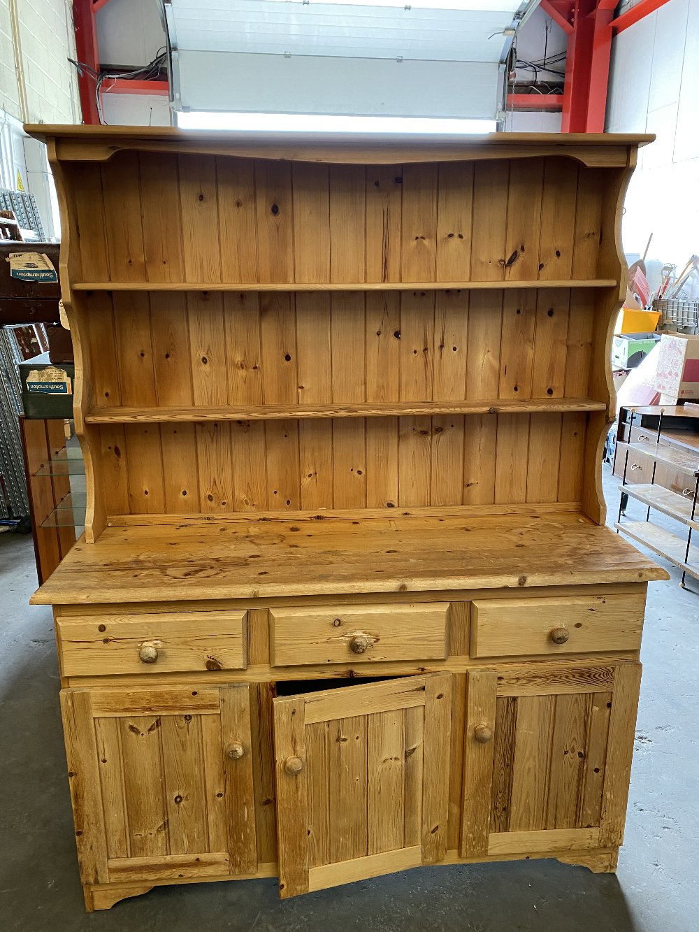 FARMHOUSE PINE STYLE DRESSER having a two shelf rack over a three drawer and three door base, 177cms - Image 2 of 4