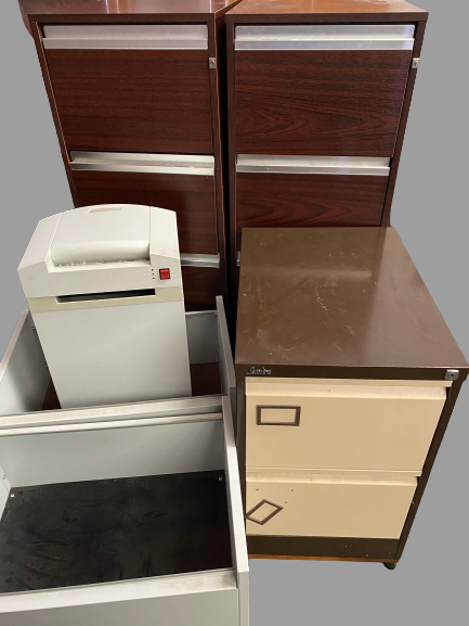 HOME OFFICE ENSEMBLE to include a pair of dark wood effect four drawer filing cabinets, two metal